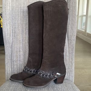 Ligia O.  Brown Suede Leather Chain Knee High Western Boots Women’s Sz 8M narrow
